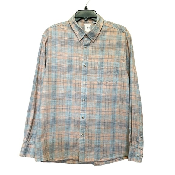 ROWM Men’s Long Sleeve Blue Peach Plaid Button Down Casual Preppy Classic Sz XL - Picture 1 of 9